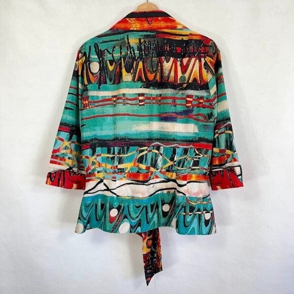 Mishca Front Tie Multi Colored Blouse 3/4 Length Sleeves Abstract Dark Artsy - Picture 2 of 3